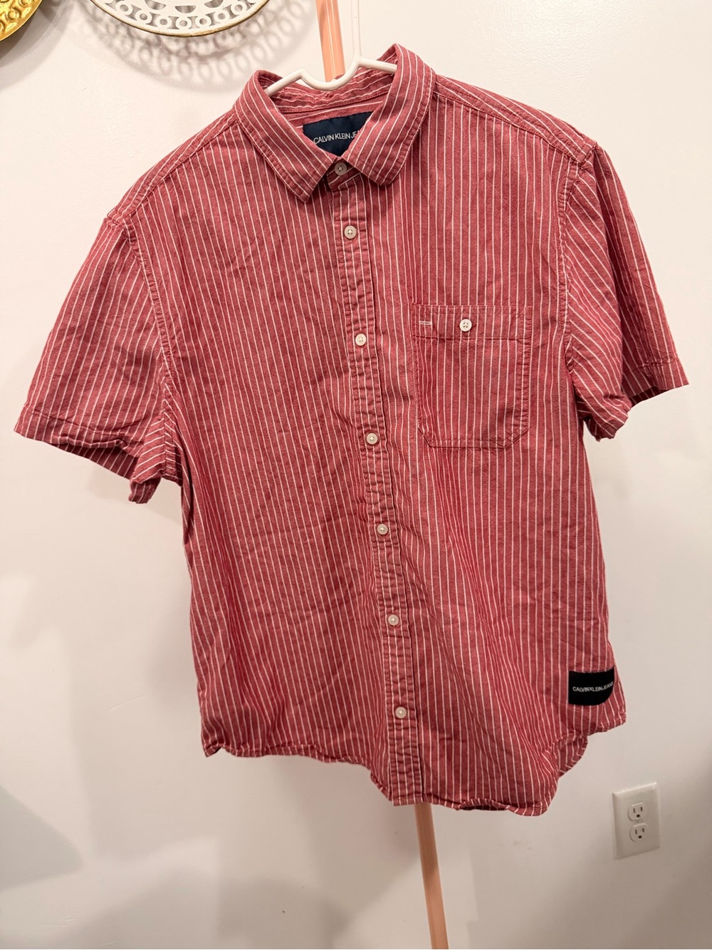 Calvin Klein Jeans Men's Red and White Striped Short-Sleeve Button-Down Shirt
